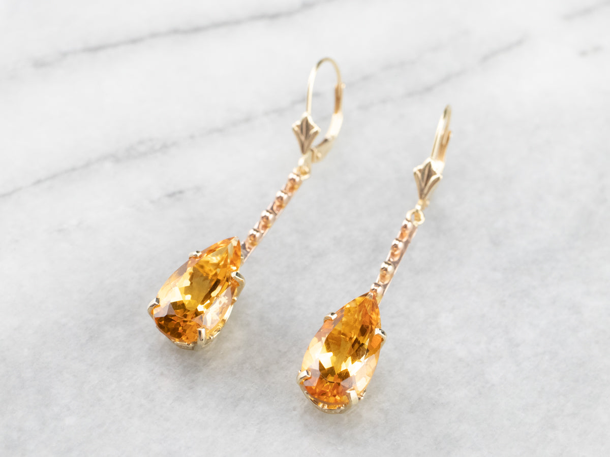 Pear Cut Citrine Gold Bar Drop Earrings