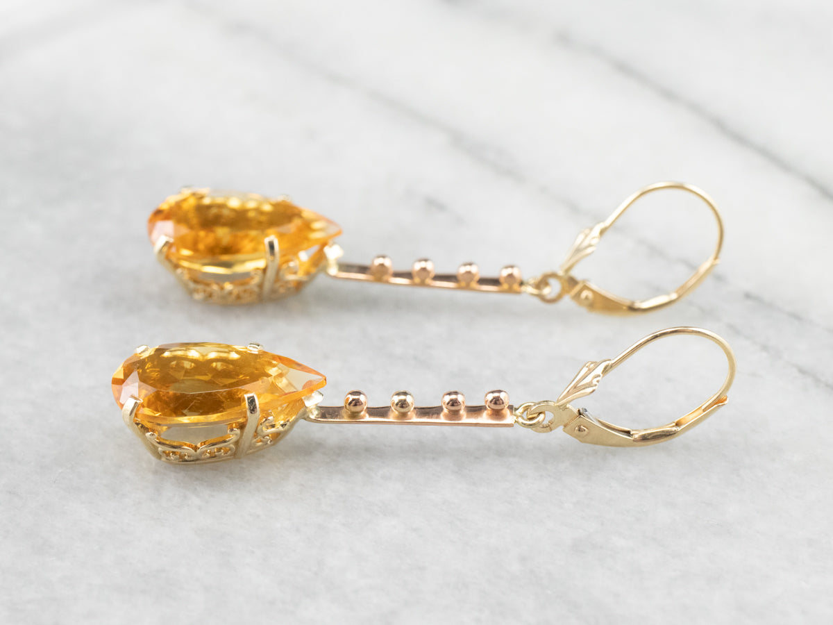 Pear Cut Citrine Gold Bar Drop Earrings