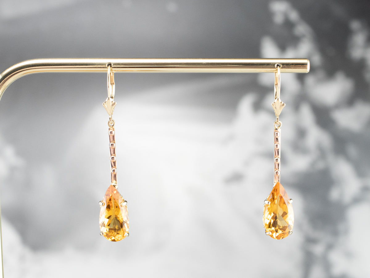 Pear Cut Citrine Gold Bar Drop Earrings