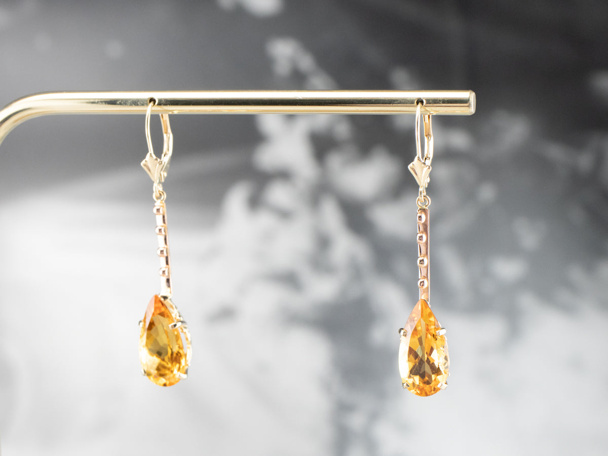 Pear Cut Citrine Gold Bar Drop Earrings