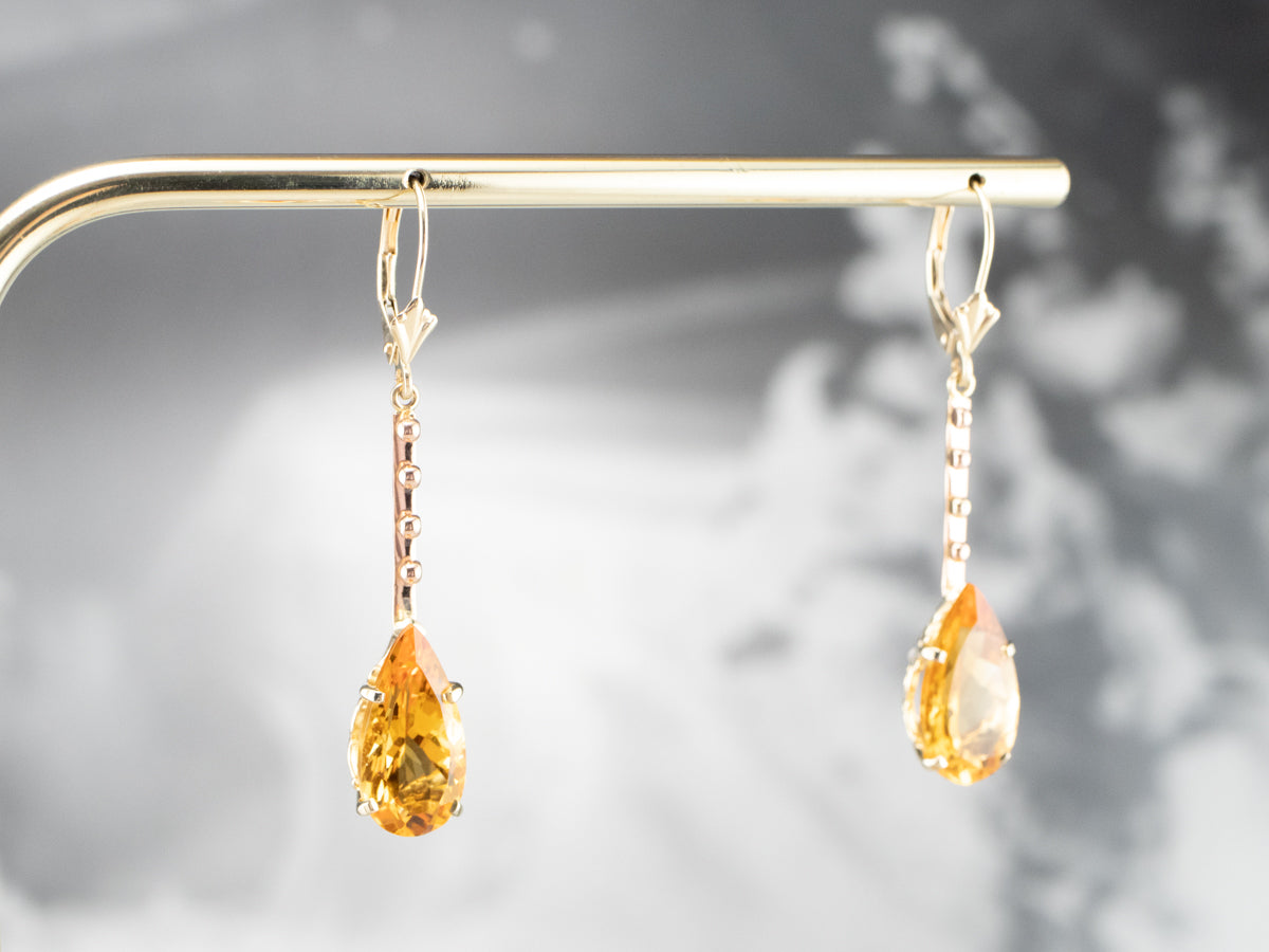 Pear Cut Citrine Gold Bar Drop Earrings