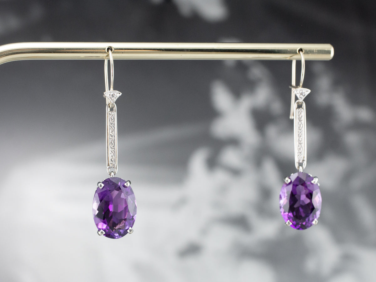 Engraved Amethyst and Diamond Drop Earrings