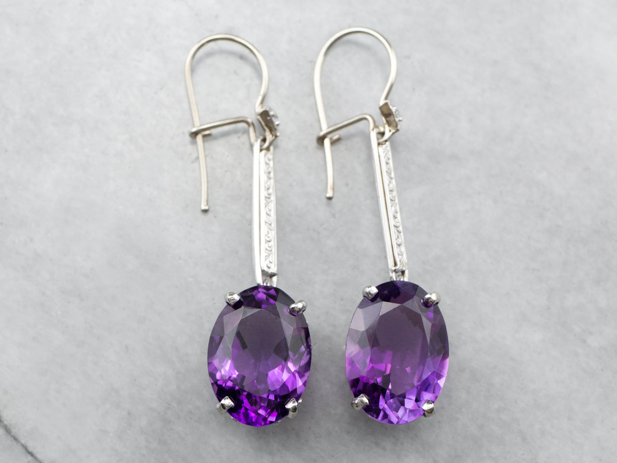 Engraved Amethyst and Diamond Drop Earrings