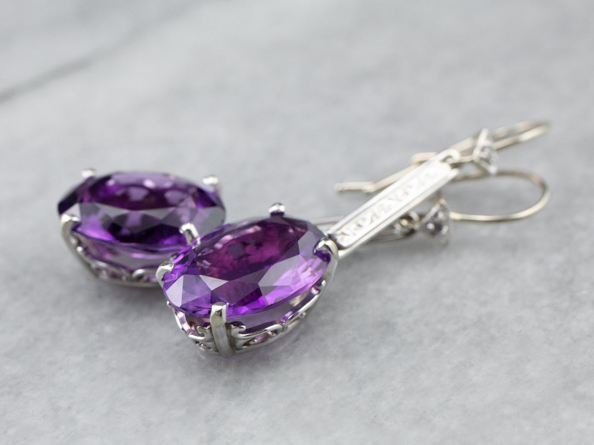 Engraved Amethyst and Diamond Drop Earrings