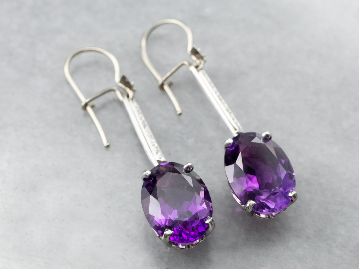 Engraved Amethyst and Diamond Drop Earrings