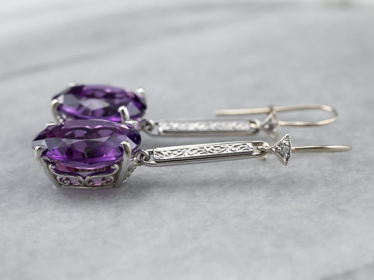 Engraved Amethyst and Diamond Drop Earrings
