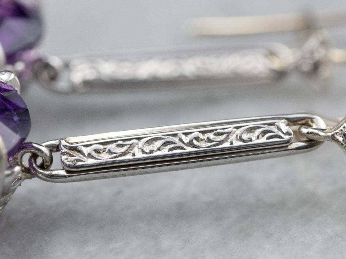 Engraved Amethyst and Diamond Drop Earrings