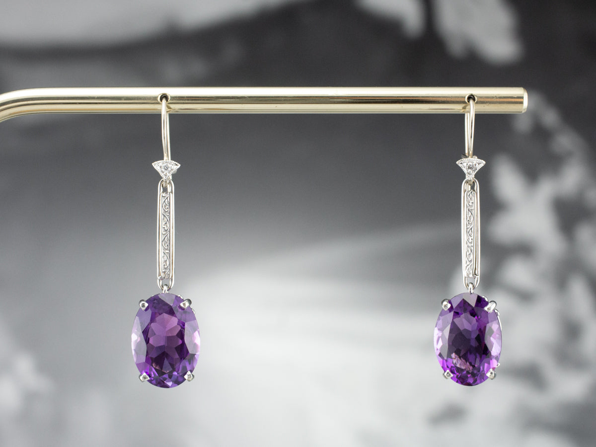 Engraved Amethyst and Diamond Drop Earrings