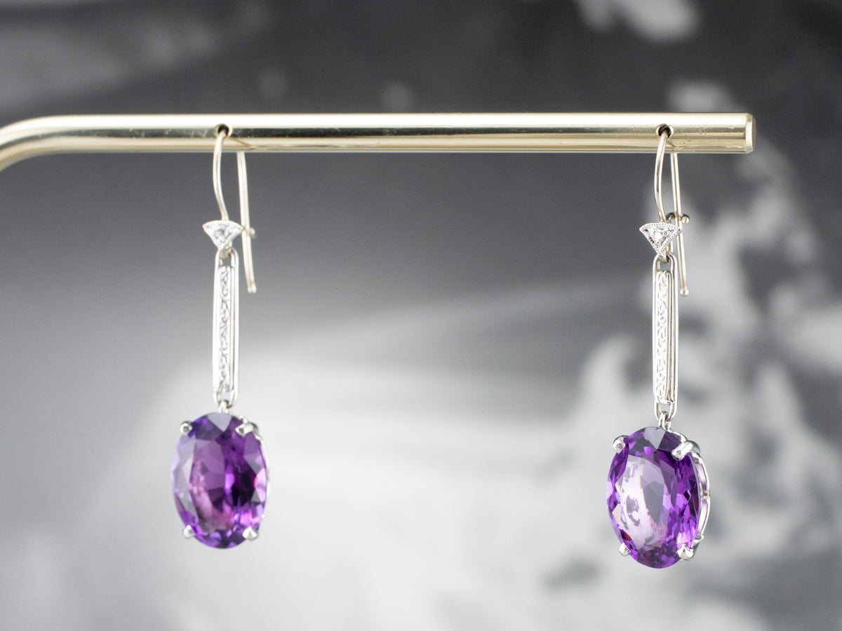 Engraved Amethyst and Diamond Drop Earrings