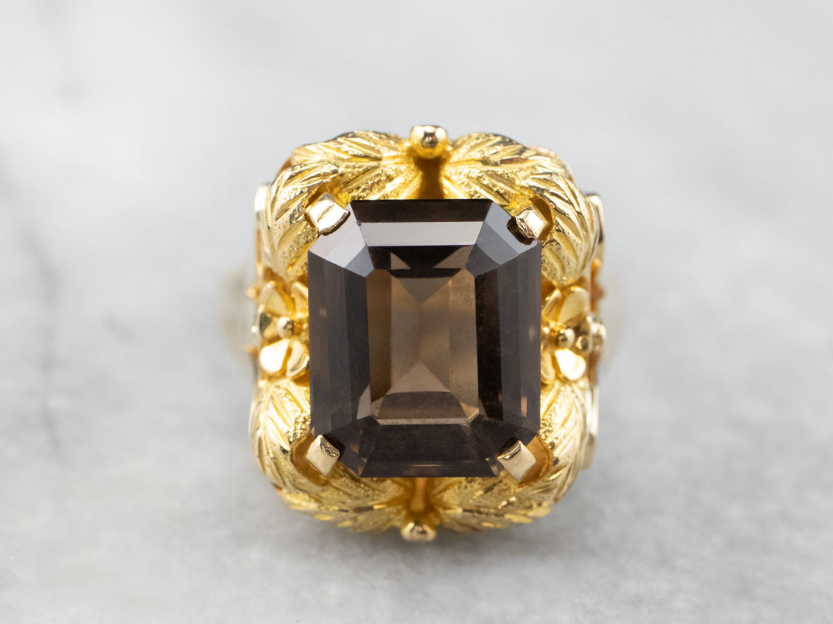 Vintage Smoky Quartz Botanical Gold Statement Ring