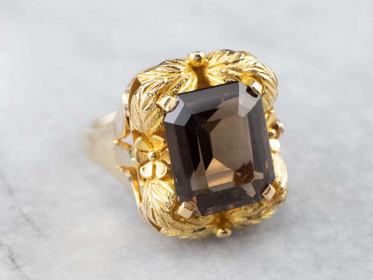 Vintage Smoky Quartz Botanical Gold Statement Ring