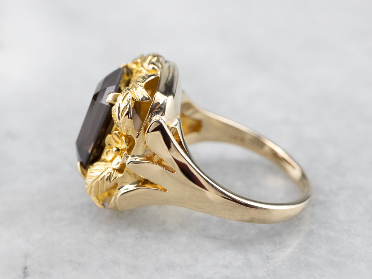 Vintage Smoky Quartz Botanical Gold Statement Ring