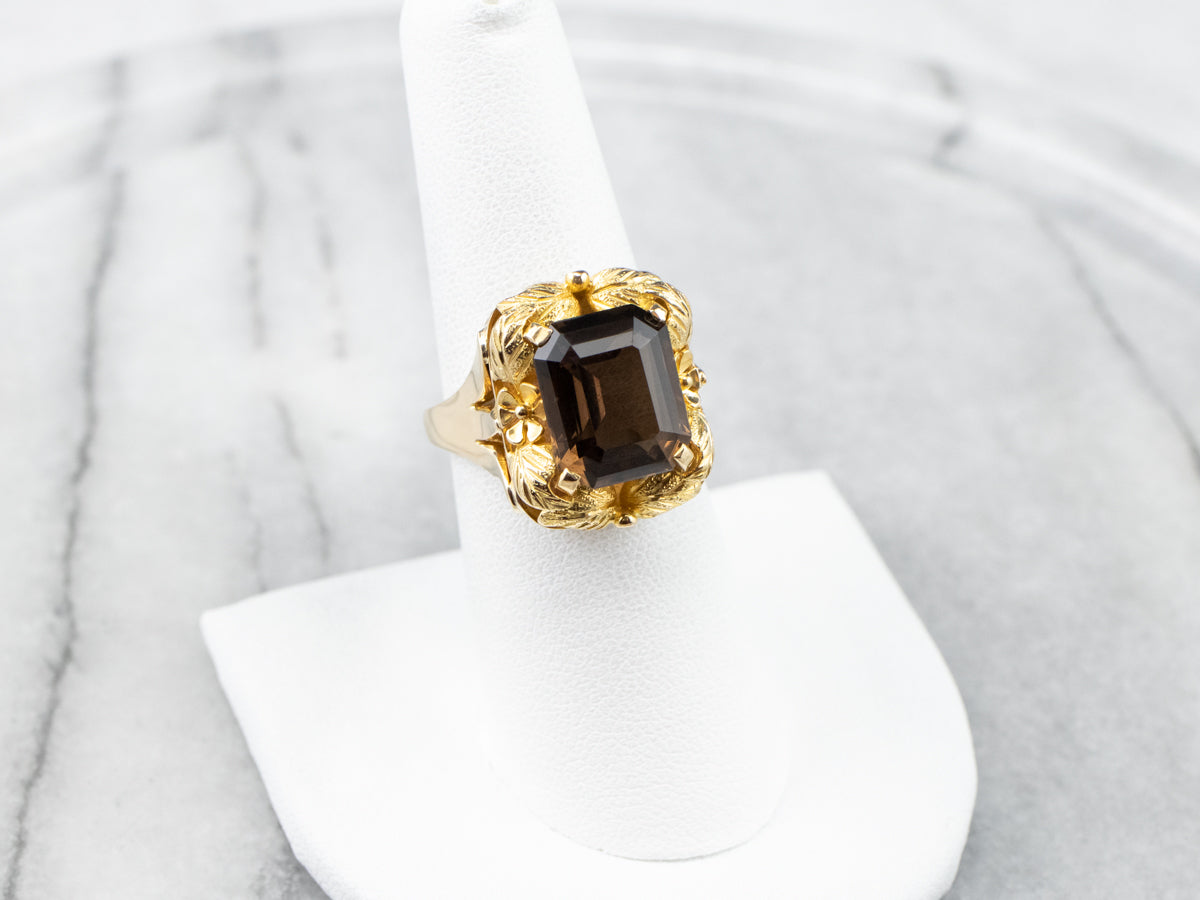 Vintage Smoky Quartz Botanical Gold Statement Ring
