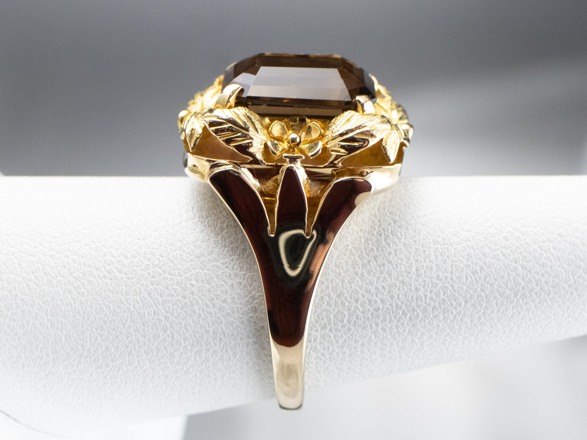 Vintage Smoky Quartz Botanical Gold Statement Ring