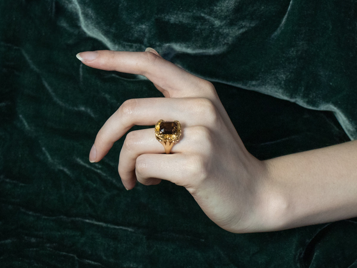Vintage Smoky Quartz Botanical Gold Statement Ring