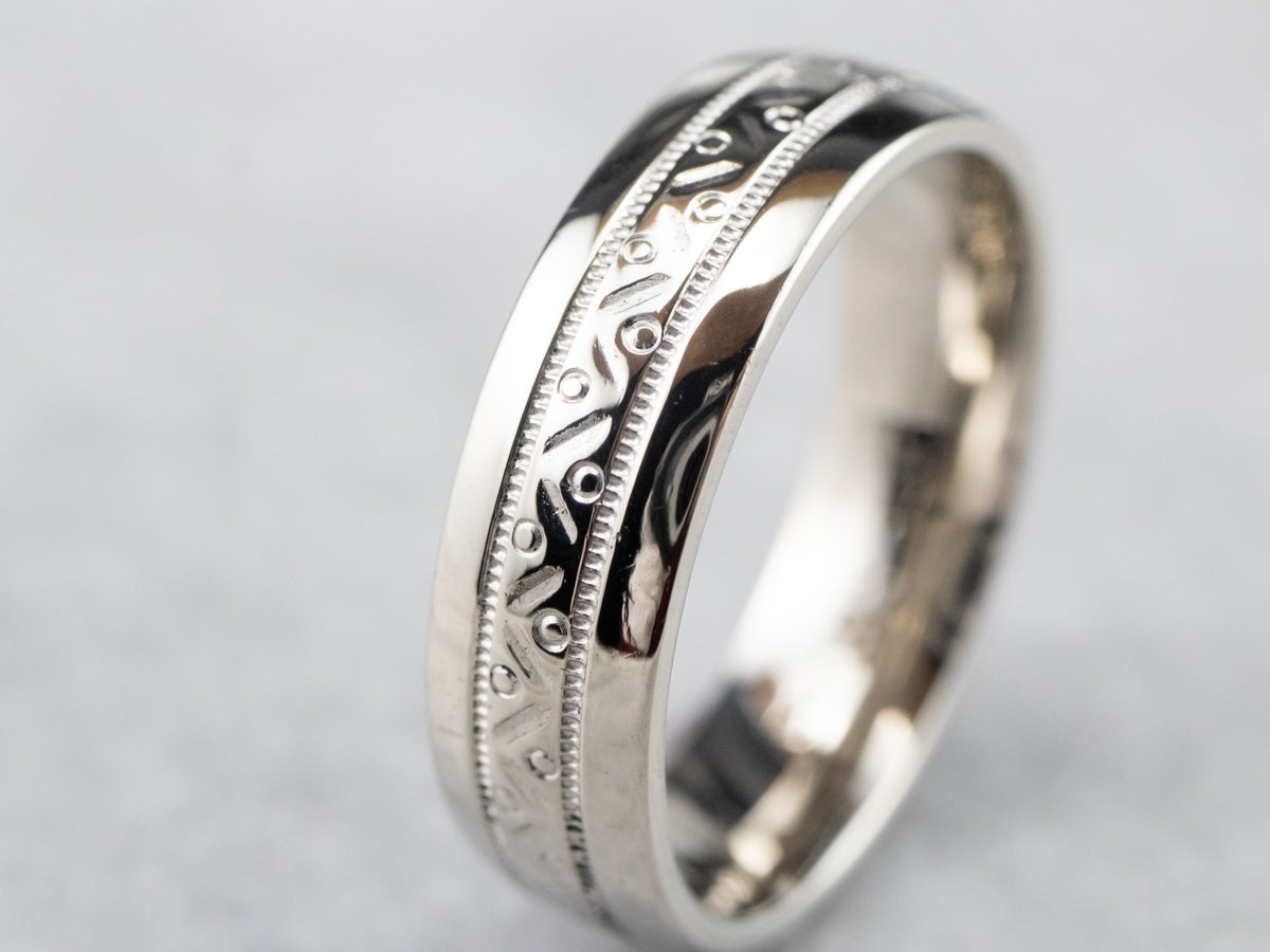 Patterned White Gold Wedding Band