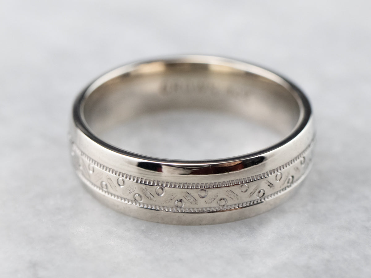 Patterned White Gold Wedding Band