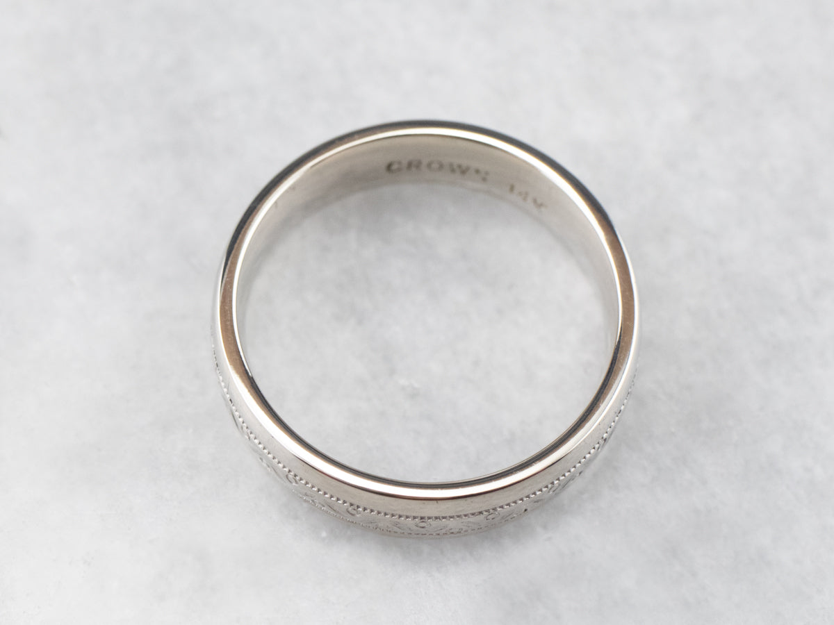 Patterned White Gold Wedding Band