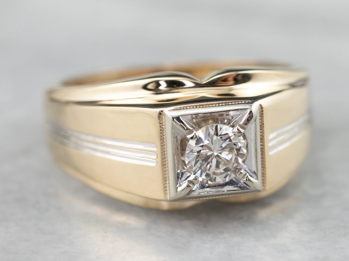 Half Bezel Diamond Solitaire Engagement Ring Custom Made 18K Floral Motif  Low Profile - Etsy