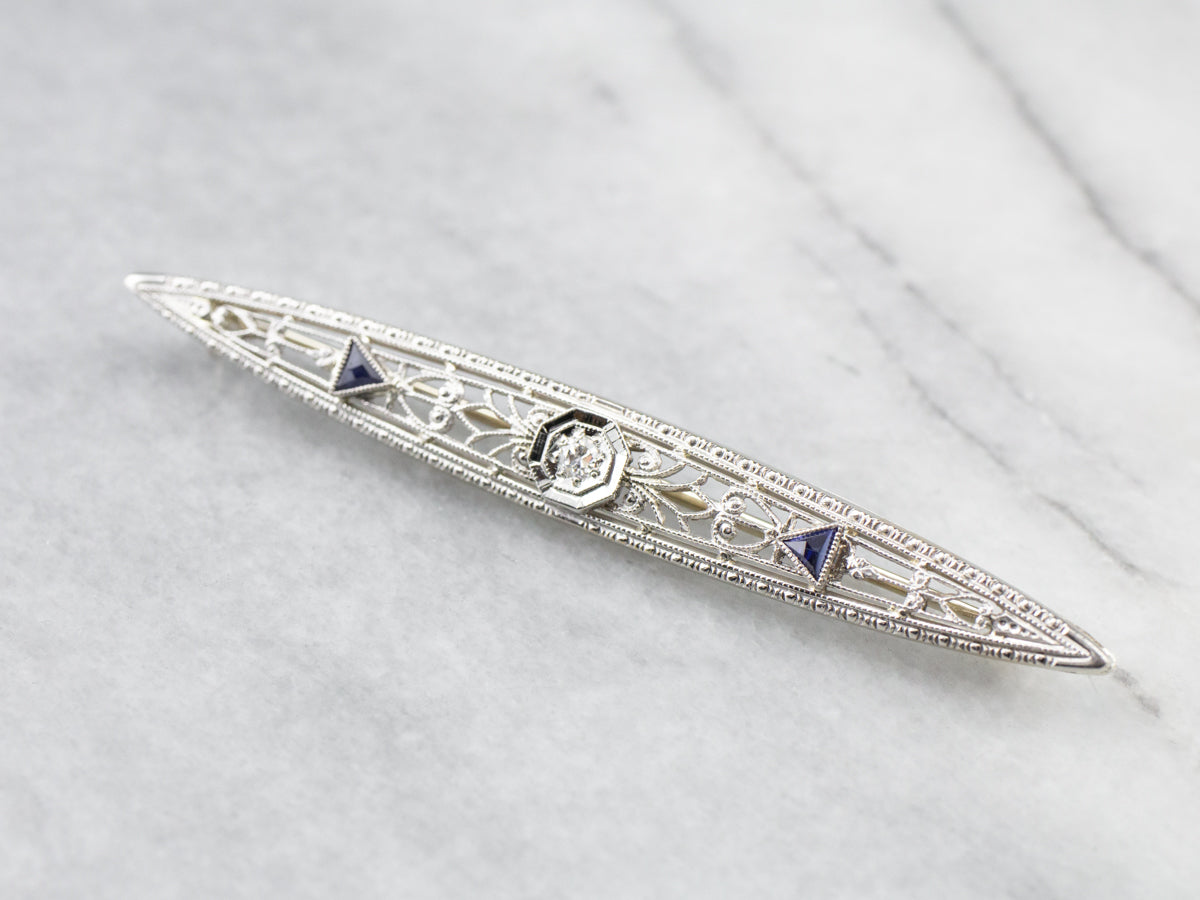 Art Deco Diamond White Gold Filigree Bar Pin