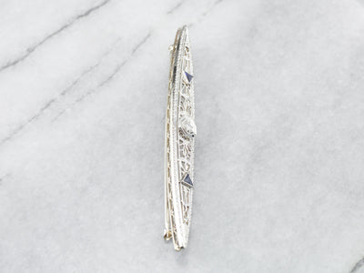Art Deco Diamond White Gold Filigree Bar Pin