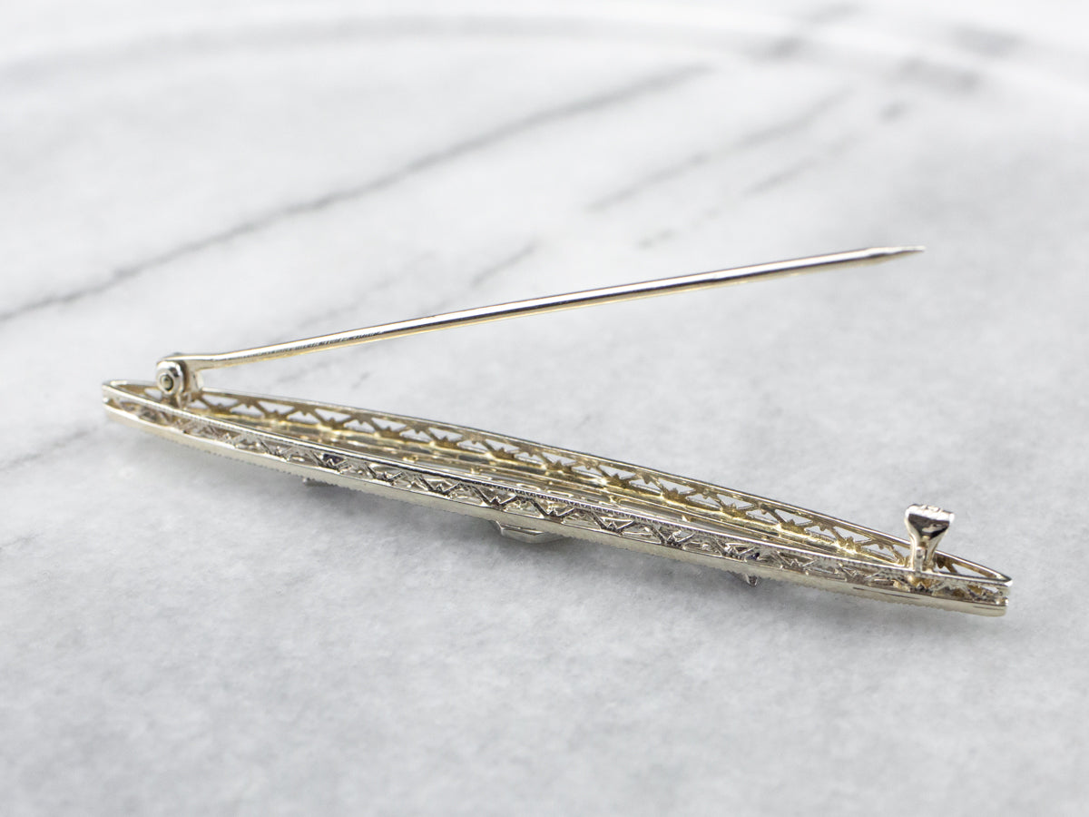 Art Deco Diamond White Gold Filigree Bar Pin