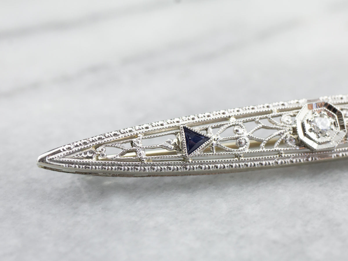 Art Deco Diamond White Gold Filigree Bar Pin