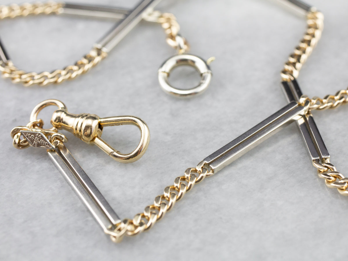 Vintage Two Tone 14K Gold Bar Link Watch Chain