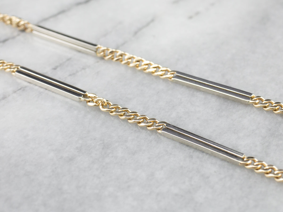 Vintage Two Tone 14K Gold Bar Link Watch Chain