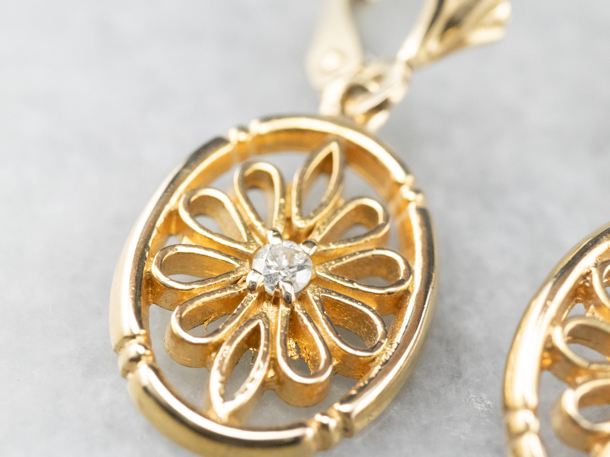Diamond Gold Filigree Drop Earrings