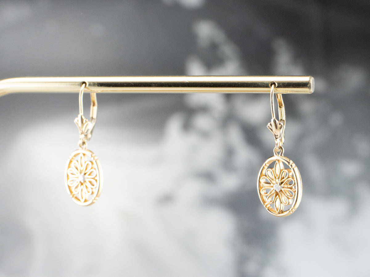 Diamond Gold Filigree Drop Earrings