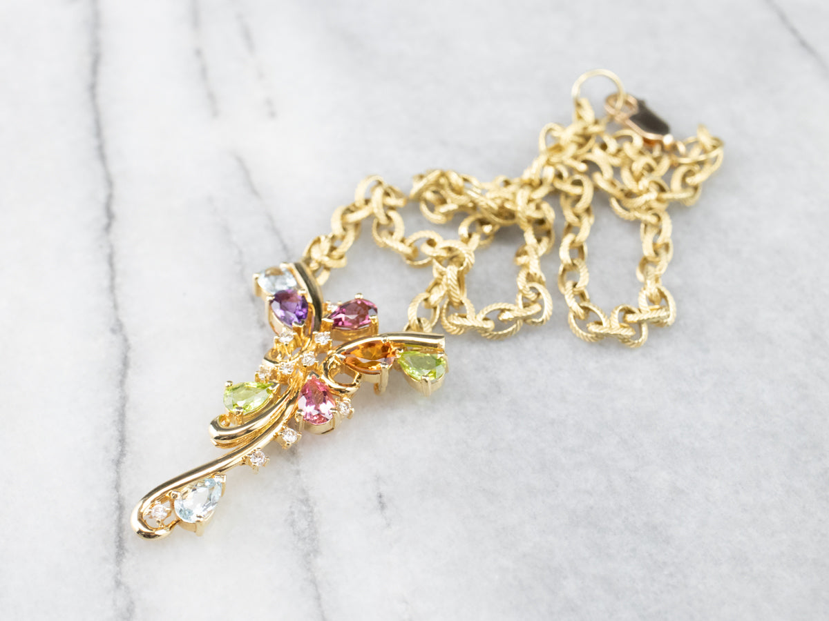 Rainbow Gemstone Gold Pendant Necklace