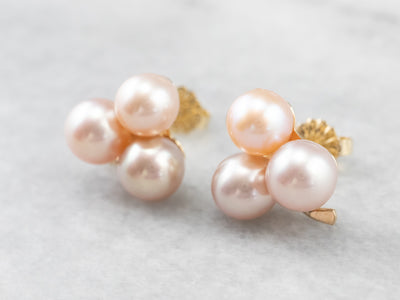 Pink Pearl Clover Gold Stud Earrings