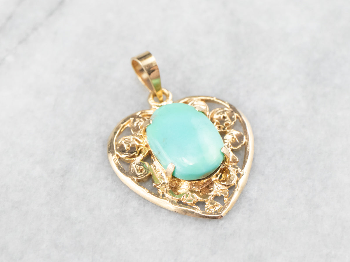 Turquoise Gold Filigree Heart Pendant
