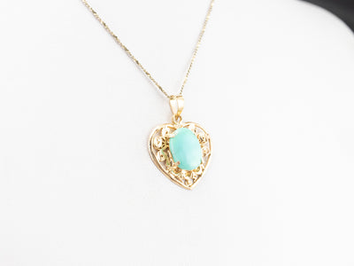 Turquoise Gold Filigree Heart Pendant
