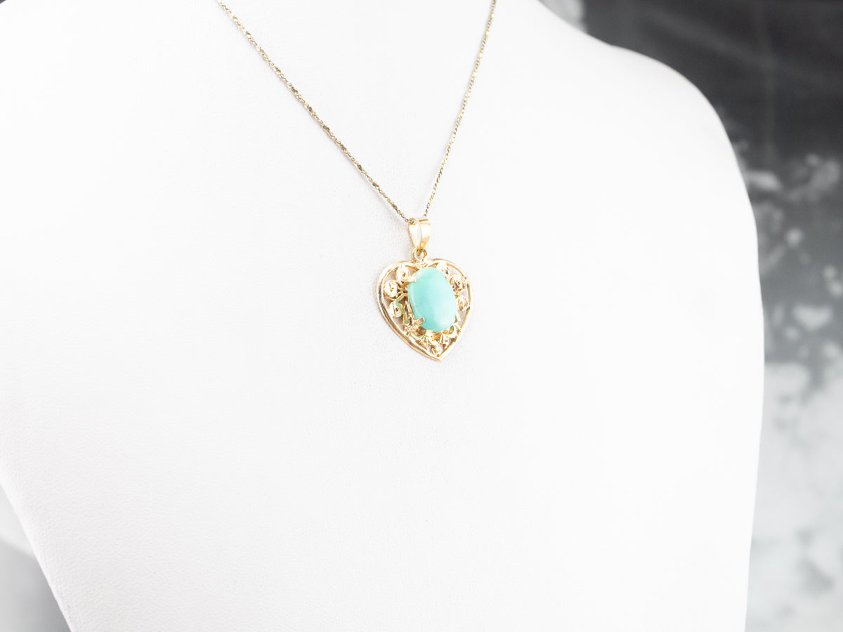Turquoise Gold Filigree Heart Pendant
