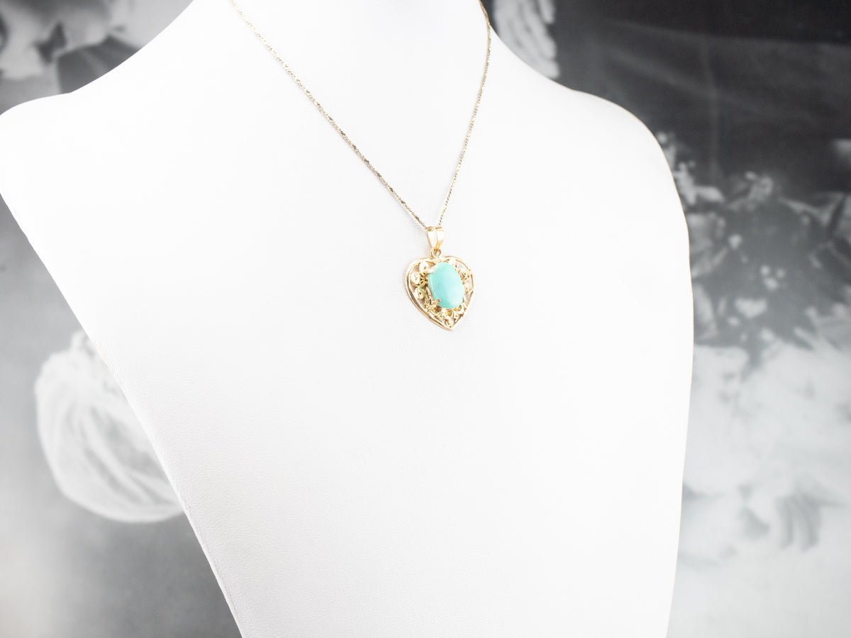 Turquoise Gold Filigree Heart Pendant