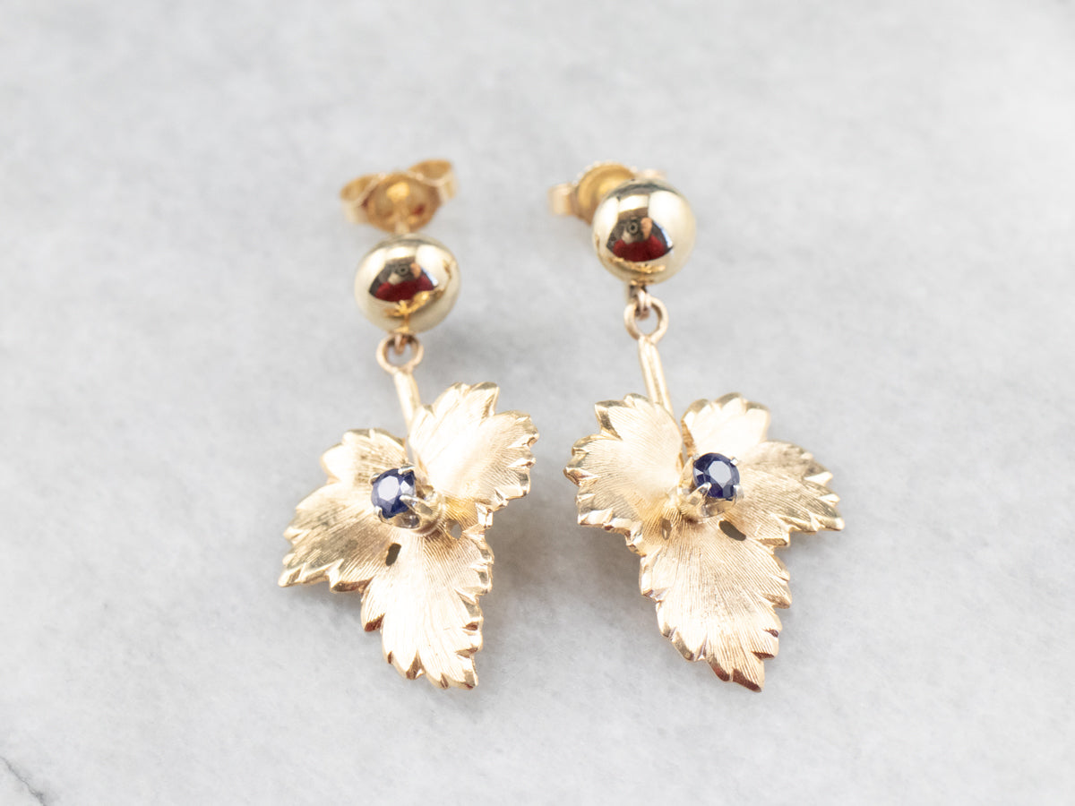 Gold Sapphire Leaf Drop Earrings