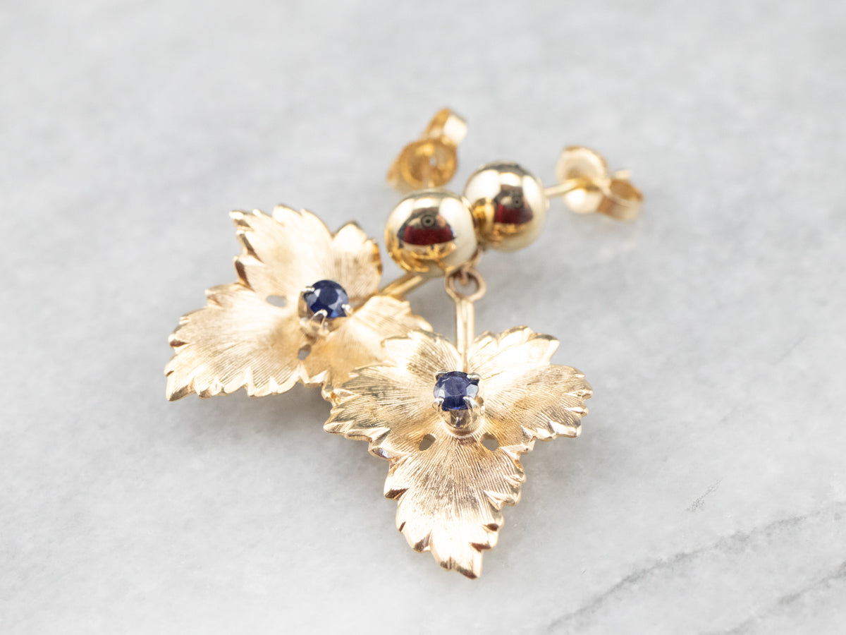 Gold Sapphire Leaf Drop Earrings