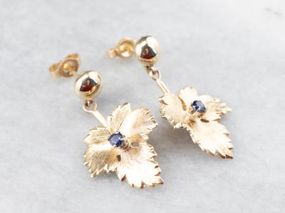 Gold Sapphire Leaf Drop Earrings