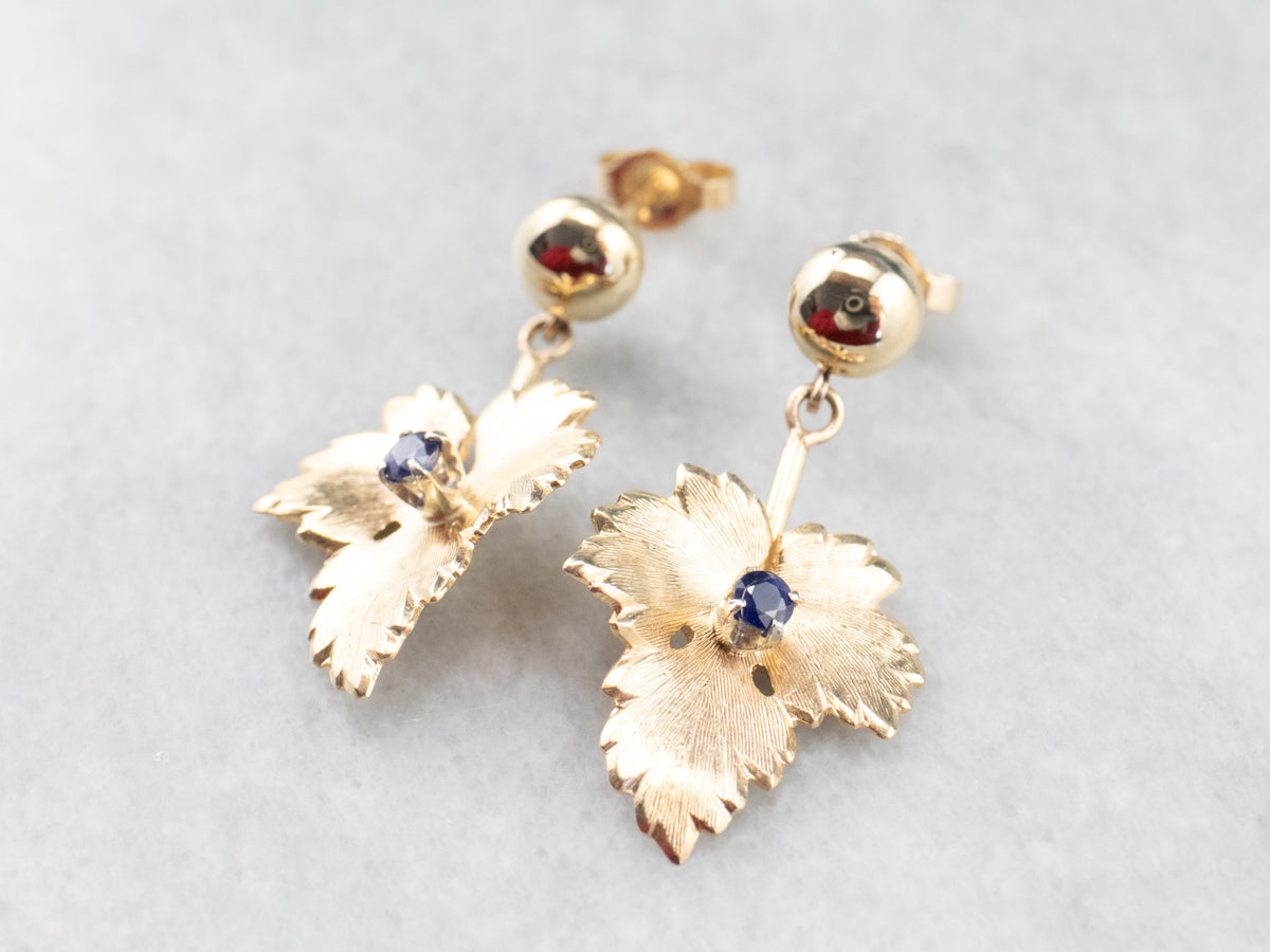 Gold Sapphire Leaf Drop Earrings