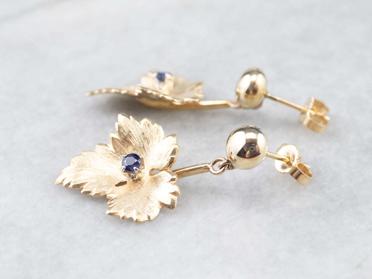 Gold Sapphire Leaf Drop Earrings
