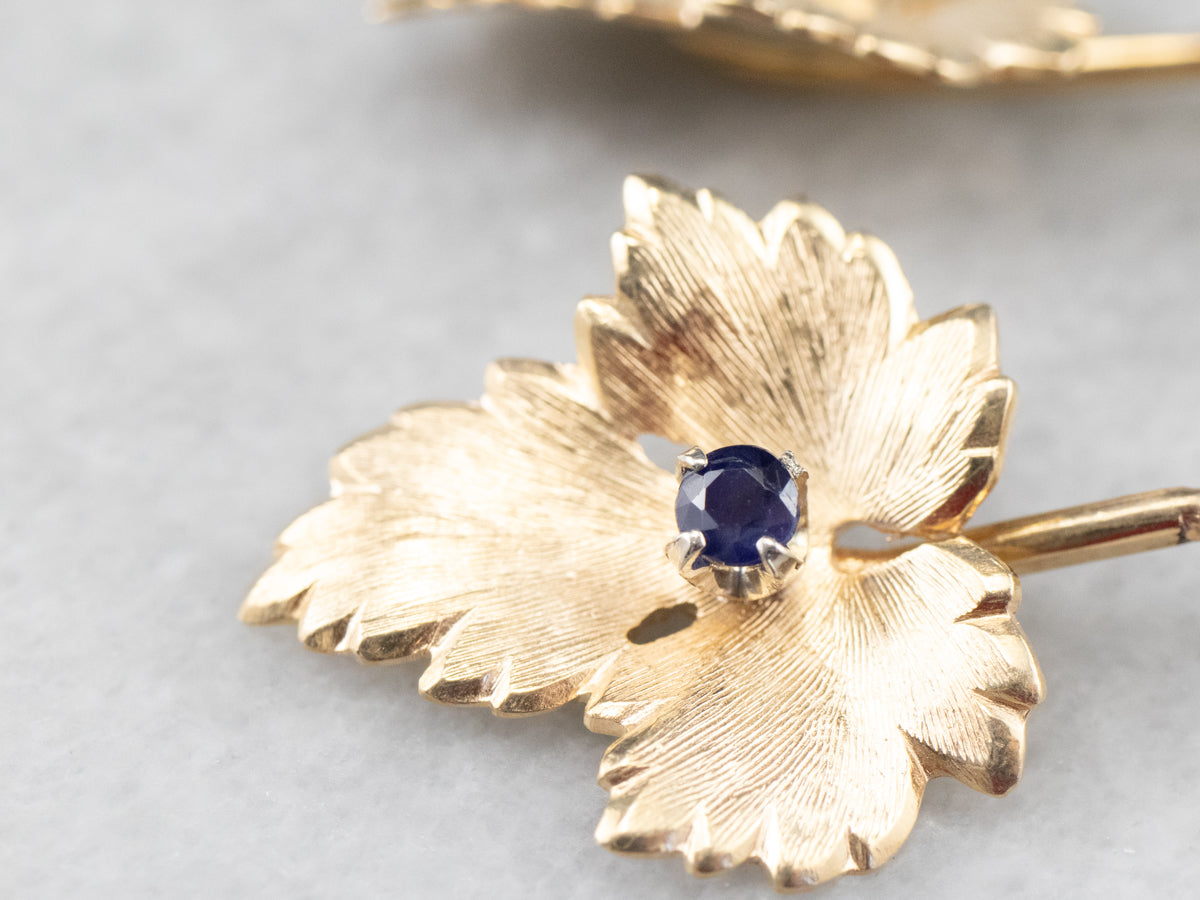 Gold Sapphire Leaf Drop Earrings