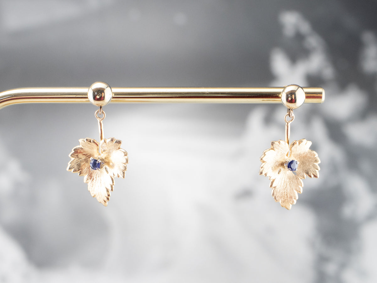 Gold Sapphire Leaf Drop Earrings