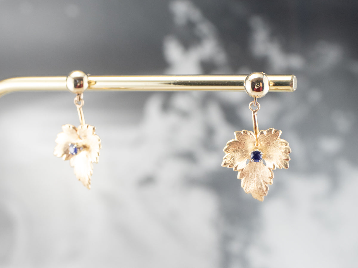 Gold Sapphire Leaf Drop Earrings