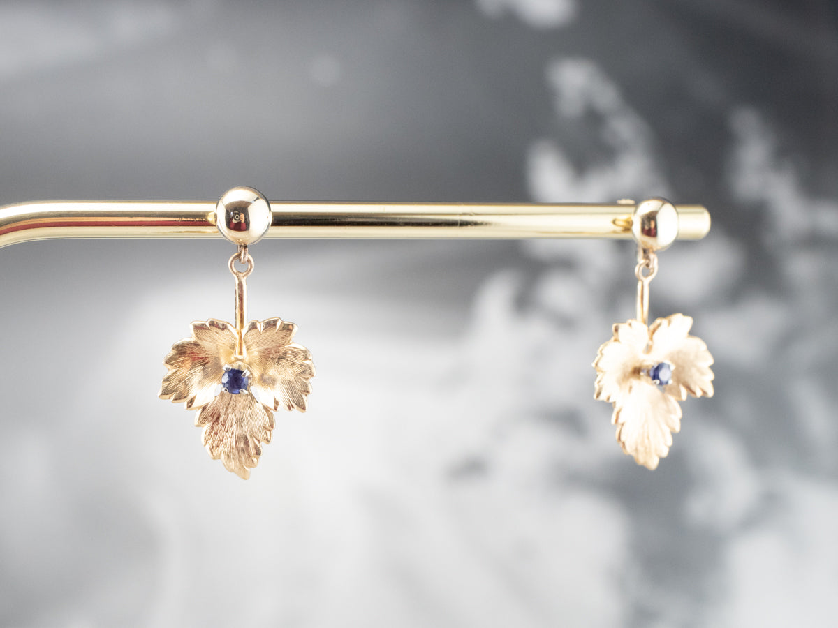Gold Sapphire Leaf Drop Earrings