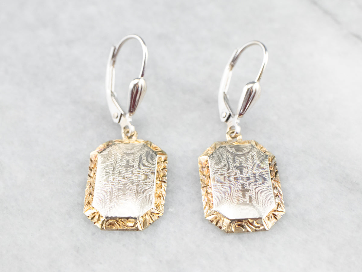 Etched Two Tone Gold Drop Earrings