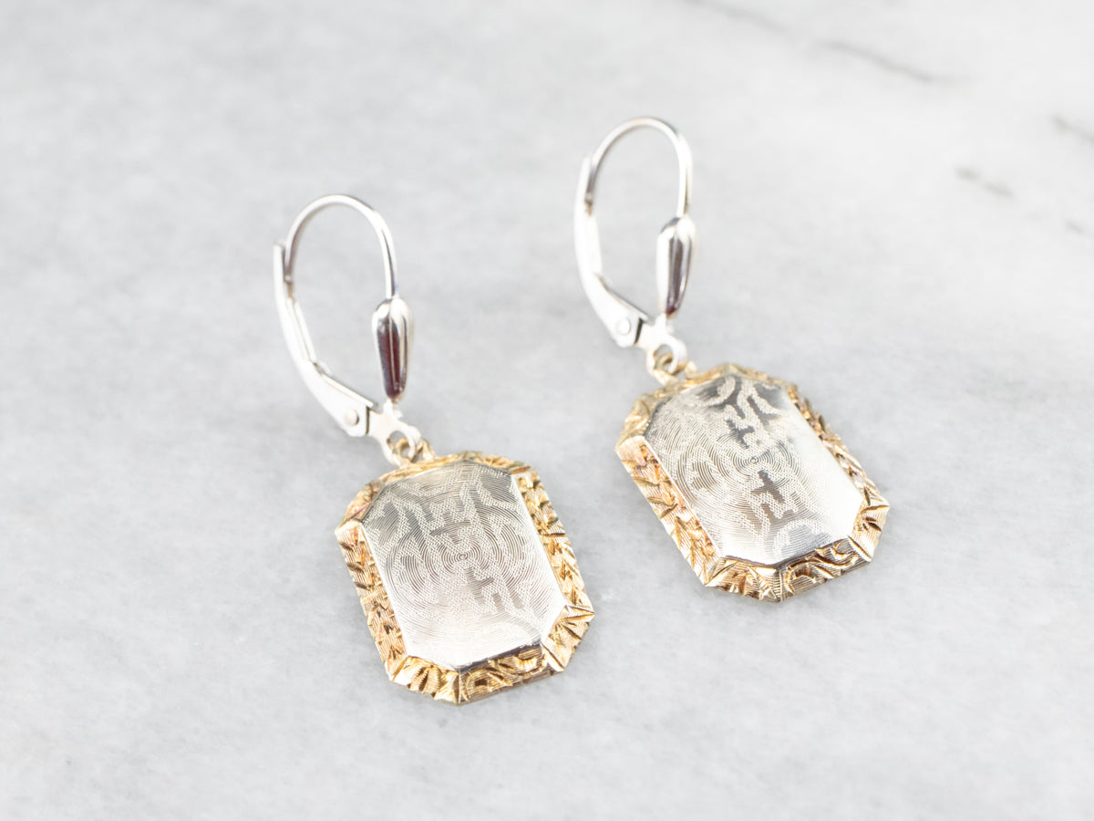 Etched Two Tone Gold Drop Earrings