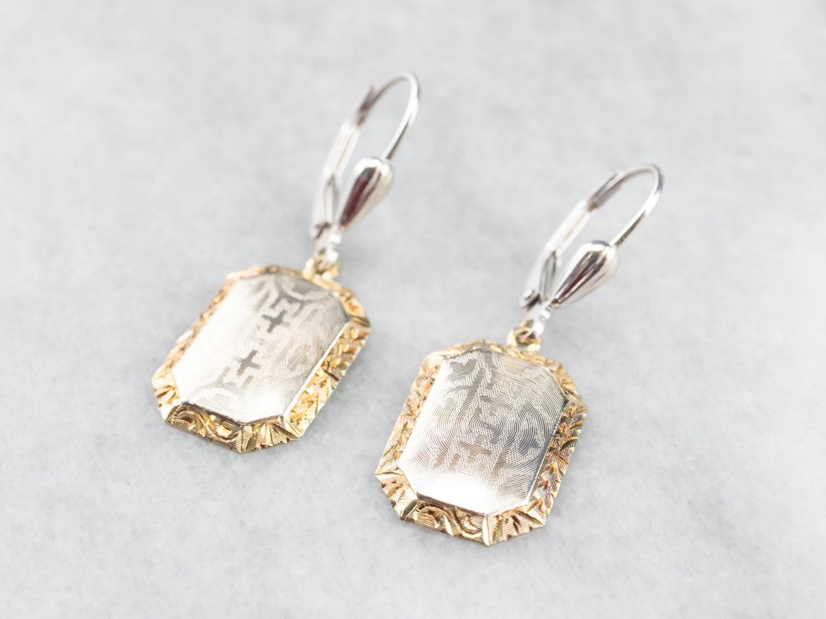 Etched Two Tone Gold Drop Earrings