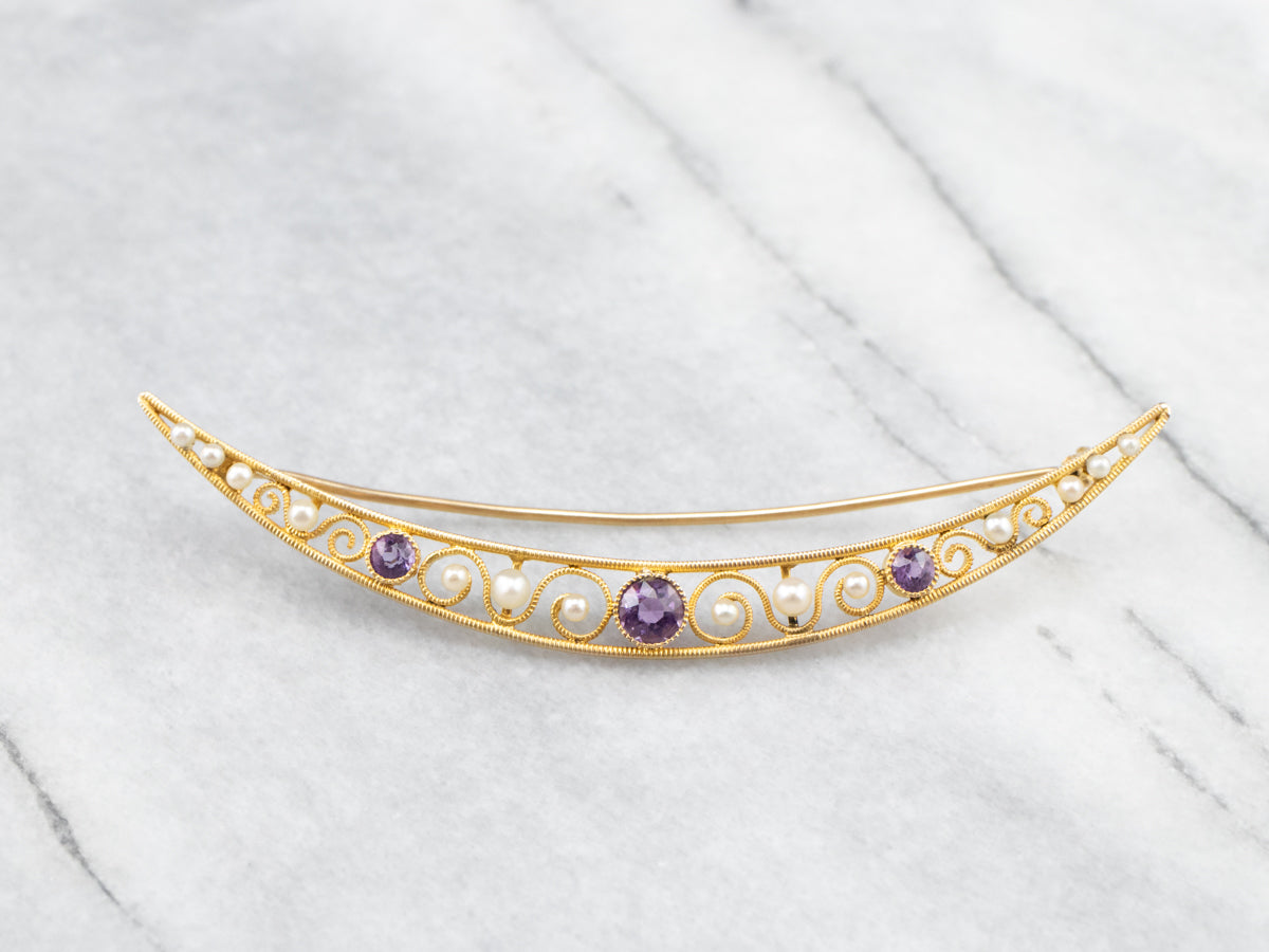 Amethyst and Pearl Crescent Moon Brooch